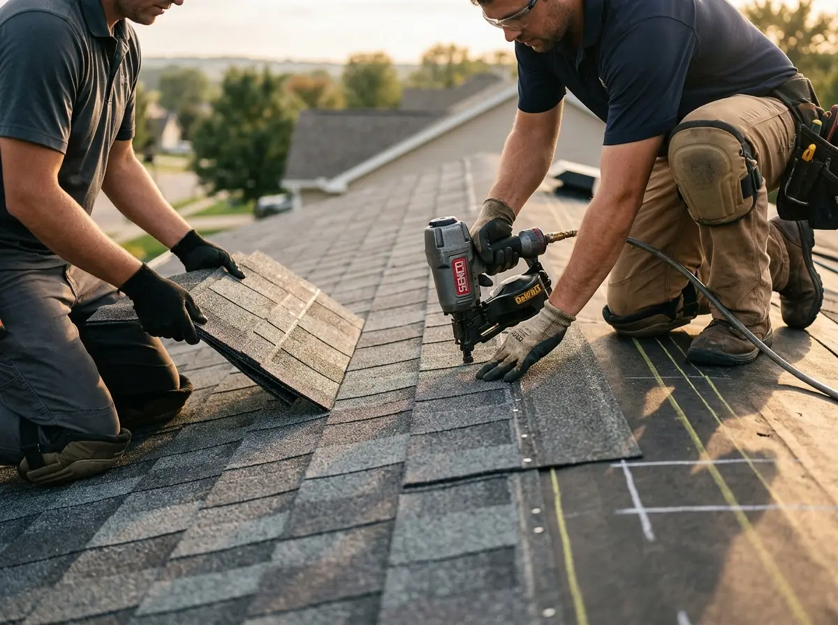 Professional roofer working on a residential roof in Luling